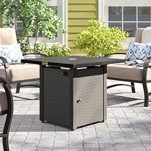English Elm 28in 50,000BTU Outdoor Propane Fire Pit Table with Lid, Rattan Wicker Look, Lava Rock, ETL Safe Adjustable Flame HYMY-CDF-WMGB28-WK