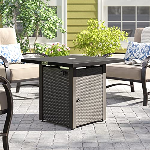English Elm 28in 50,000BTU Outdoor Propane Fire Pit Table with Lid, Rattan Wicker Look, Lava Rock, ETL Safe Adjustable Flame HYMY-CDF-WMGB28-WK