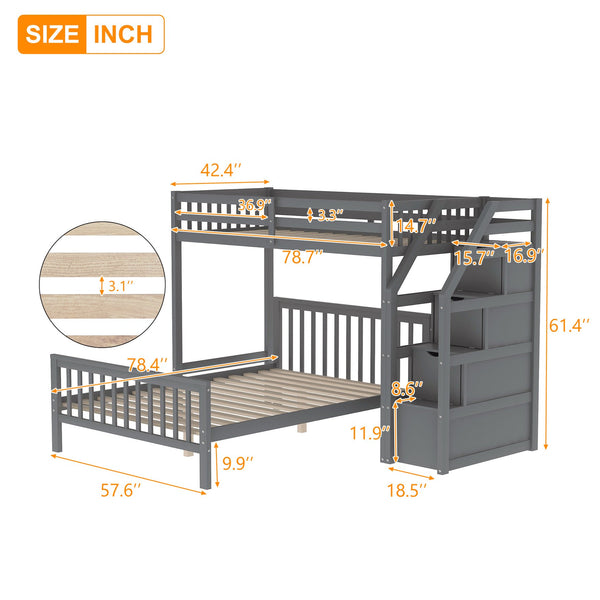 English Elm Twin loft bed with staircase and storage for 3, pine/MDF sturdy design, slat kit included, 97.2"L Gray SM000107AAE-1
