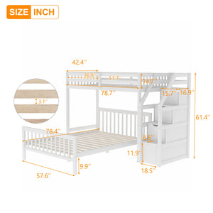 English Elm Twin loft bed with staircase and storage for 3, pine/MDF sturdy design, slat kit included, 97.2"L White SM000107AAK-1