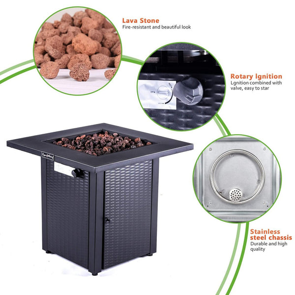 English Elm 28in 50,000BTU Outdoor Propane Fire Pit Table with Lid, Rattan Wicker Look, Lava Rock, ETL Safe Adjustable Flame HYMY-CDF-WMGB28-WK