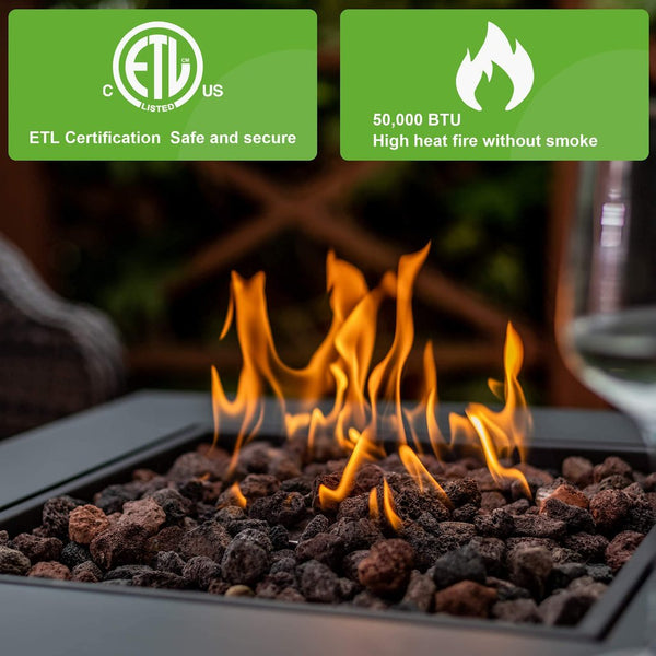 English Elm 28in 50,000BTU Outdoor Propane Fire Pit Table with Lid, Rattan Wicker Look, Lava Rock, ETL Safe Adjustable Flame HYMY-CDF-WMGB28-WK
