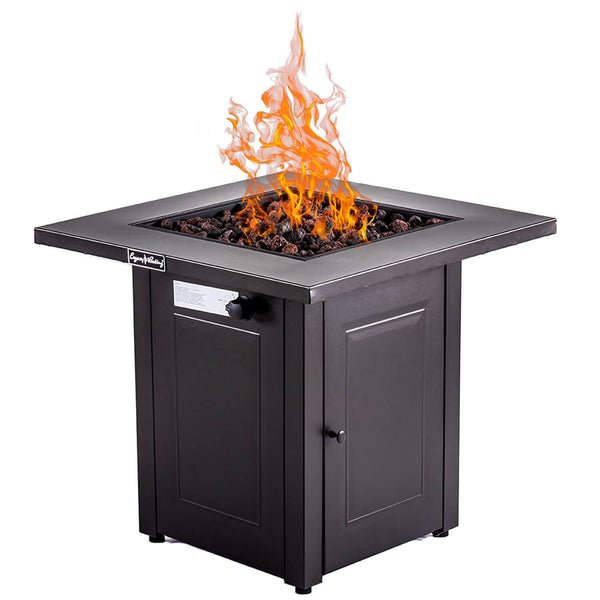 English Elm 28in Propane Fire Pit Table 50,000 BTU Square Outdoor Dining Firetable with Lid Lava Stones ETL Approved HYMY-CDF-WMGB28