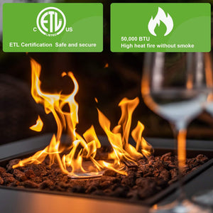 English Elm 28in Propane Fire Pit Table 50,000 BTU Square Outdoor Dining Firetable with Lid Lava Stones ETL Approved HYMY-CDF-WMGB28