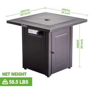 English Elm 28in Propane Fire Pit Table 50,000 BTU Square Outdoor Dining Firetable with Lid Lava Stones ETL Approved HYMY-CDF-WMGB28