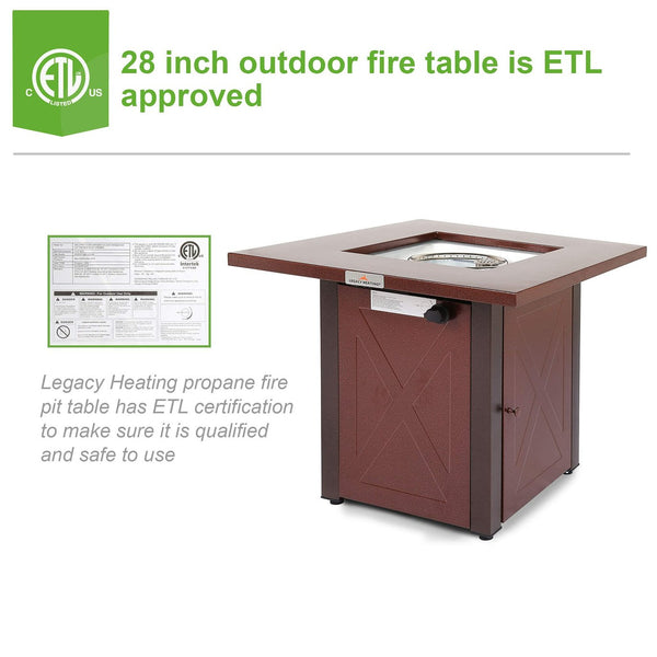 English Elm 28" 50000 BTU Outdoor Propane Fire Pit Table Square Brown Textured Patio Fireplace with Lid & Lava Rock Burgundy HYMY-CDF-WMGB28-X-JH