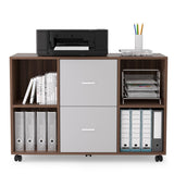 English Elm Mobile Lateral Filing Cabinet With 2 Drawers and 4 Open Storage Cabinets, For Home Office, Walnut-Light Gray