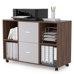 English Elm Mobile Lateral Filing Cabinet With 2 Drawers and 4 Open Storage Cabinets, For Home Office, Walnut-Light Gray