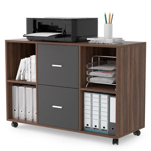 English Elm Mobile Filing Cabinet With 2 Drawers and 4 Open Storage Cabinets, Walnut-Dark Gray