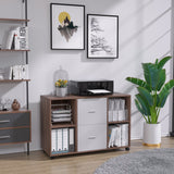 English Elm Mobile Lateral Filing Cabinet With 2 Drawers and 4 Open Storage Cabinets, For Home Office, Walnut-Light Gray