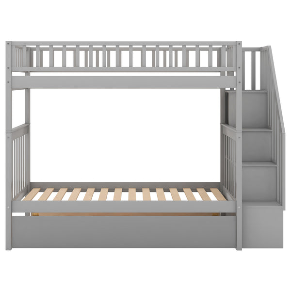 English Elm Twin Twin-over-Twin Bunk Bed with Trundle, Solid Wood Slat Support, Guardrail & Built-In Storage for Three Sleeps Gray SM000304AAE-1