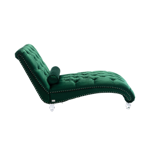 English Elm Velvet Curved Chaise Lounge Sofa with Button-Tufted Upholstery, Foam Seat, Acrylic Legs, Stylish Relaxation Emerald W39538677