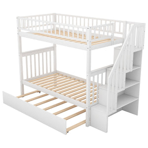 English Elm Twin Twin-over-Twin Bunk Bed with Trundle, Solid Wood Slat Support, Guardrail & Built-In Storage for Three Sleeps White SM000304AAK-1