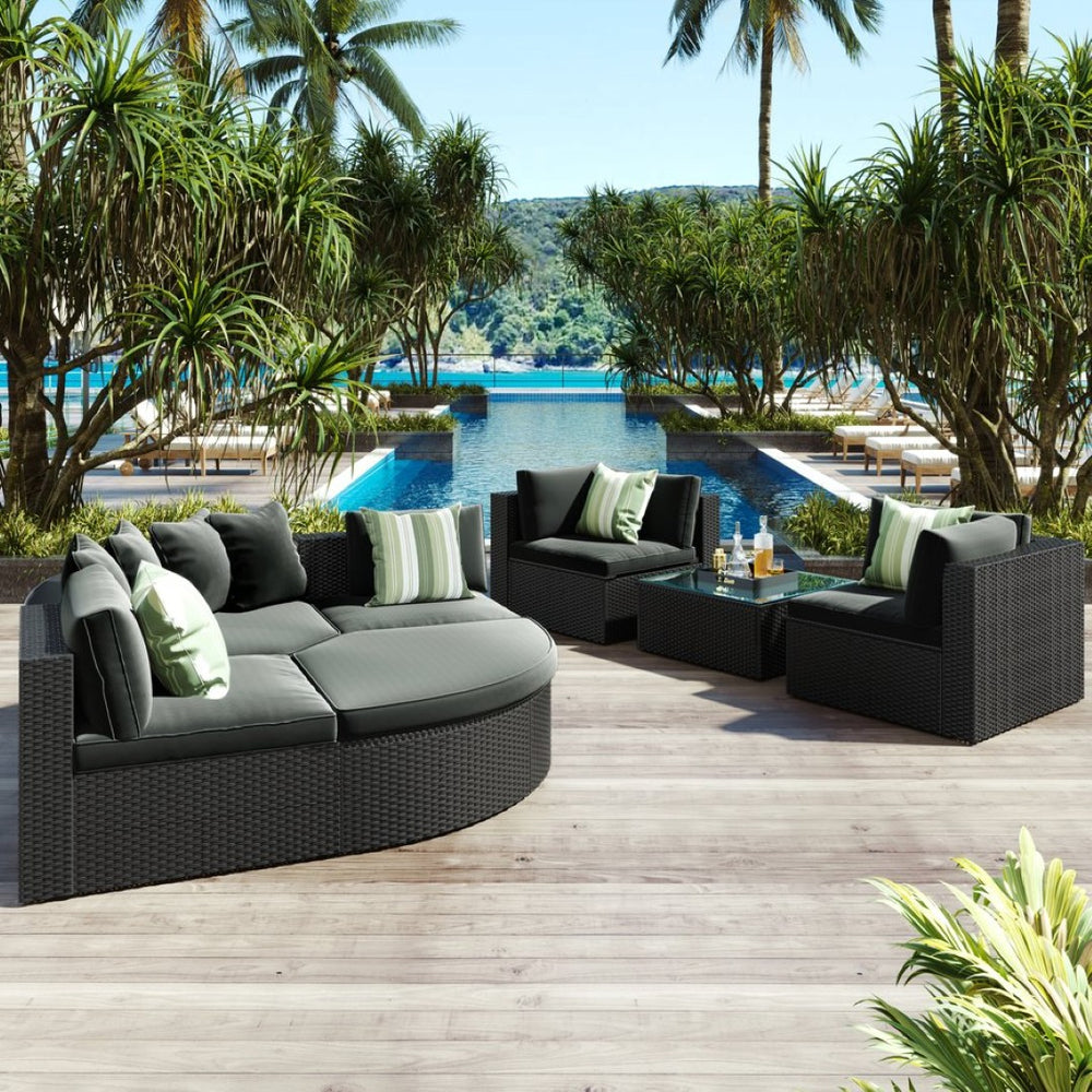 English Elm Go 7 Piece Outdoor Pe Wicker Sectional Set with Steel Frame and Striped Accent Pillows Gray FG201212AAE