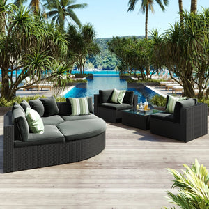 English Elm Go 7 Piece Outdoor Pe Wicker Sectional Set with Steel Frame and Striped Accent Pillows Gray FG201212AAE
