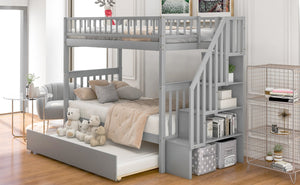 English Elm Twin Twin-over-Twin Bunk Bed with Trundle, Solid Wood Slat Support, Guardrail & Built-In Storage for Three Sleeps Gray SM000304AAE-1