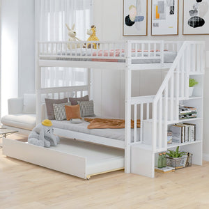 English Elm Twin Twin-over-Twin Bunk Bed with Trundle, Solid Wood Slat Support, Guardrail & Built-In Storage for Three Sleeps White SM000304AAK-1