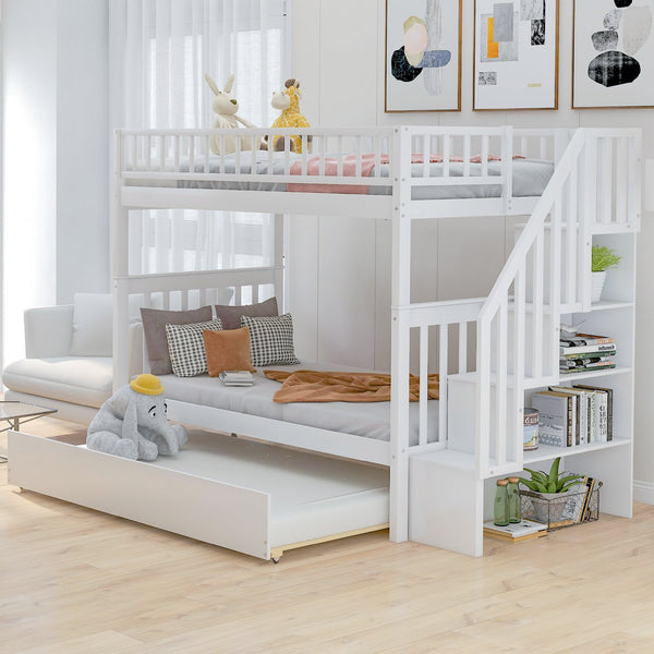 English Elm Twin Twin-over-Twin Bunk Bed with Trundle, Solid Wood Slat Support, Guardrail & Built-In Storage for Three Sleeps White SM000304AAK-1