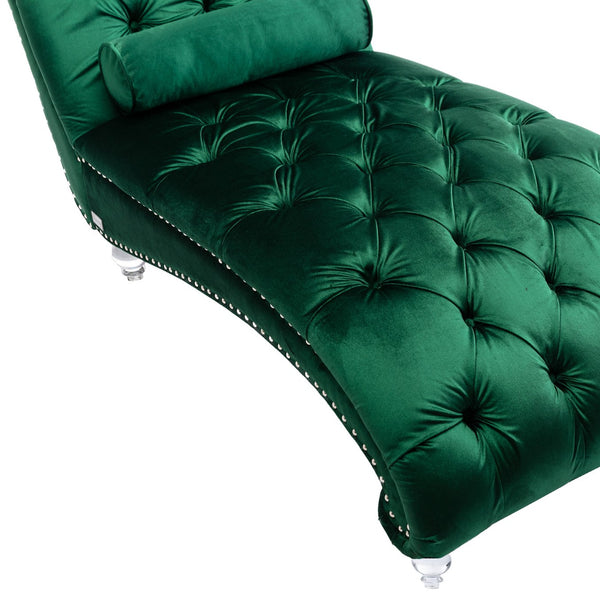 English Elm Velvet Curved Chaise Lounge Sofa with Button-Tufted Back, Thick Foam Comfort and Acrylic Legs for Living Room Relaxation Emerald W39538677