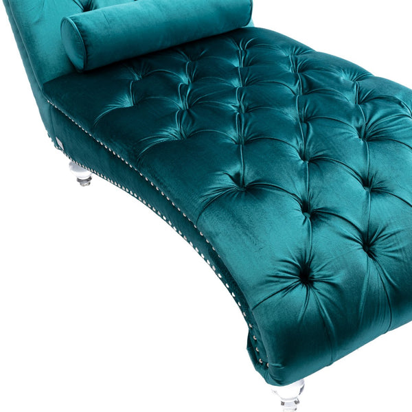 English Elm Velvet Curved Chaise Lounge Sofa with Button-Tufted Upholstery, Foam Seat, Acrylic Legs, Stylish Relaxation Teal W39538678