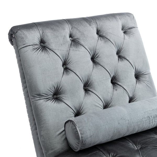 English Elm Velvet Curved Chaise Lounge Sofa with Button-Tufted Back, Thick Foam Cushion & Acrylic Legs for Living Room Comfort Silver W39538683