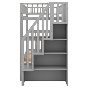 English Elm Twin Twin-over-Twin Bunk Bed with Trundle, Solid Wood Slat Support, Guardrail & Built-In Storage for Three Sleeps Gray SM000304AAE-1