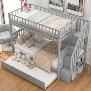 English Elm Twin Twin-over-Twin Bunk Bed with Trundle, Solid Wood Slat Support, Guardrail & Built-In Storage for Three Sleeps Gray SM000304AAE-1