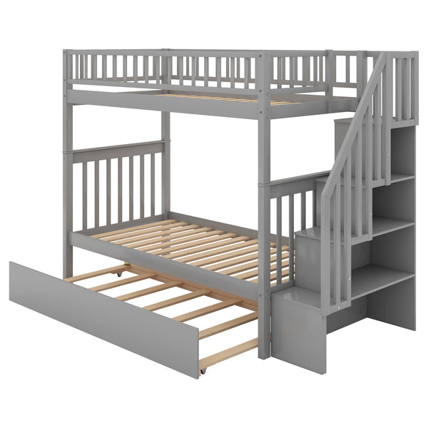 English Elm Twin Twin-over-Twin Bunk Bed with Trundle, Solid Wood Slat Support, Guardrail & Built-In Storage for Three Sleeps Gray SM000304AAE-1