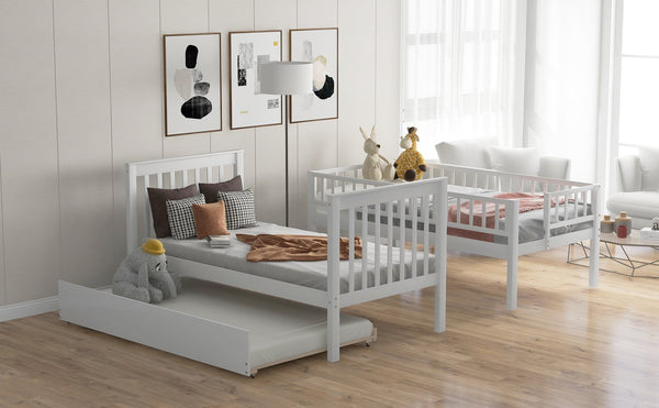 English Elm Twin Twin-over-Twin Bunk Bed with Trundle, Solid Wood Slat Support, Guardrail & Built-In Storage for Three Sleeps White SM000304AAK-1