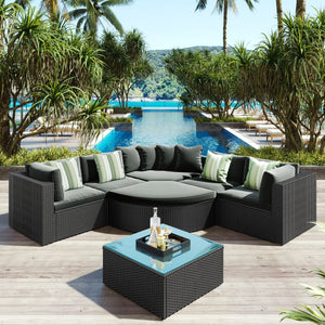 English Elm Go 7 Piece Outdoor Pe Wicker Sectional Set with Steel Frame and Striped Accent Pillows Gray FG201212AAE