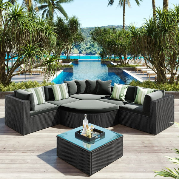 English Elm Go 7 Piece Outdoor Pe Wicker Sectional Set with Steel Frame and Striped Accent Pillows Gray FG201212AAE