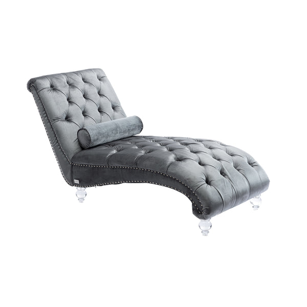 English Elm Velvet Curved Chaise Lounge Sofa with Button-Tufted Back, Thick Foam Cushion & Acrylic Legs for Living Room Comfort Silver W39538683