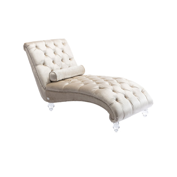 English Elm Velvet Curved Chaise Lounge Sofa with Button-Tufted Back, Thick Foam Cushion & Acrylic Legs for Living Room Comfort Beige W39538682