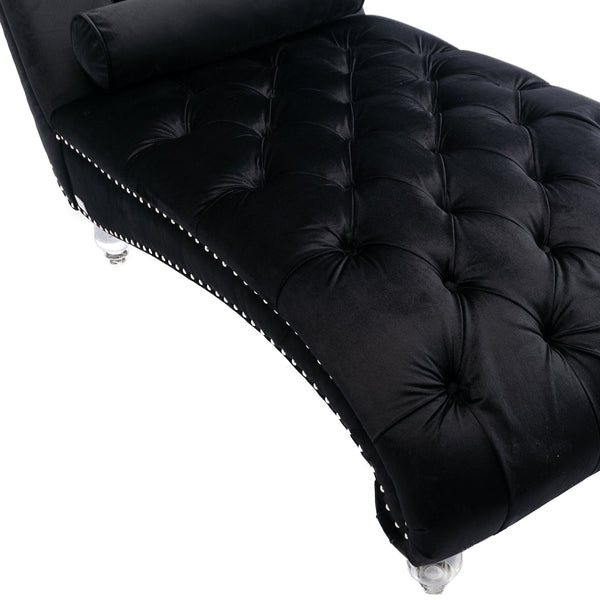 English Elm Velvet Curved Chaise Lounge Sofa with Button-Tufted Back, Thick Foam Cushion & Acrylic Legs for Living Room Comfort Black W39538681