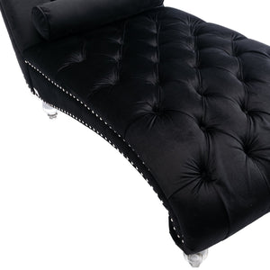 English Elm Velvet Curved Chaise Lounge Sofa with Button-Tufted Upholstery, Plush Foam Seat and Acrylic Legs Black W39538681