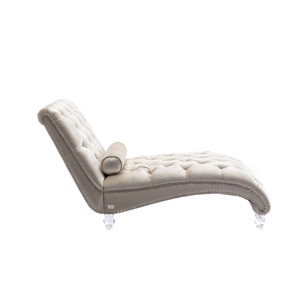 English Elm Velvet Curved Chaise Lounge Sofa with Button-Tufted Back, Thick Foam Cushion & Acrylic Legs for Living Room Comfort Beige W39538682