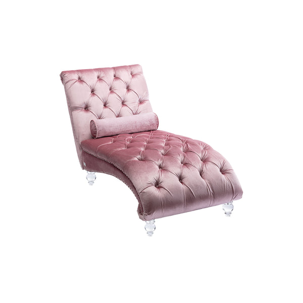 English Elm Velvet Curved Chaise Lounge Sofa with Button-Tufted Back, Thick Foam Comfort and Acrylic Legs for Living Room Relaxation Pink W39538676