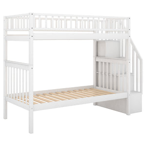 English Elm Twin Twin-over-Twin Bunk Bed with Trundle, Solid Wood Slat Support, Guardrail & Built-In Storage for Three Sleeps White SM000304AAK-1