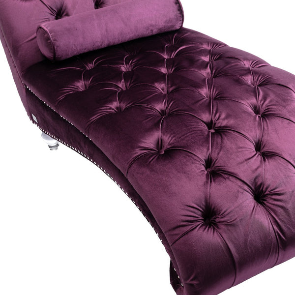 English Elm Velvet Curved Chaise Lounge Sofa with Button-Tufted Upholstery, Foam Seat, Acrylic Legs, Stylish Relaxation Purple W39538679