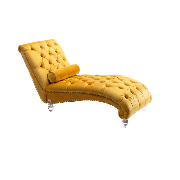 English Elm Velvet Curved Chaise Lounge Sofa with Button-Tufted Upholstery, Plush Foam Seat and Acrylic Legs Mustard W39538680