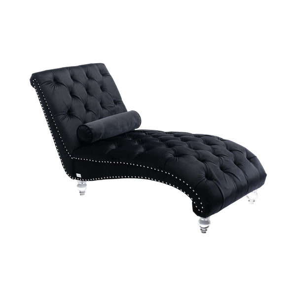 English Elm Velvet Curved Chaise Lounge Sofa with Button-Tufted Upholstery, Plush Foam Seat and Acrylic Legs Black W39538681