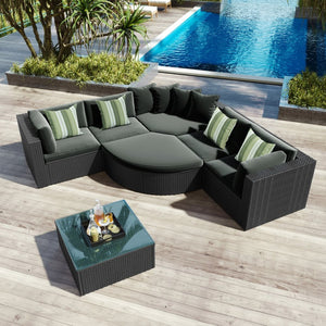 English Elm Go 7 Piece Outdoor Pe Wicker Sectional Set with Steel Frame and Striped Accent Pillows Gray FG201212AAE