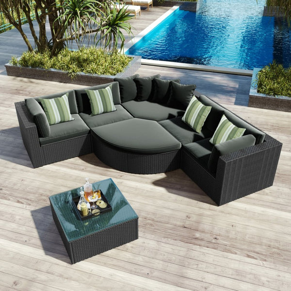 English Elm Go 7 Piece Outdoor Pe Wicker Sectional Set with Steel Frame and Striped Accent Pillows Gray FG201212AAE