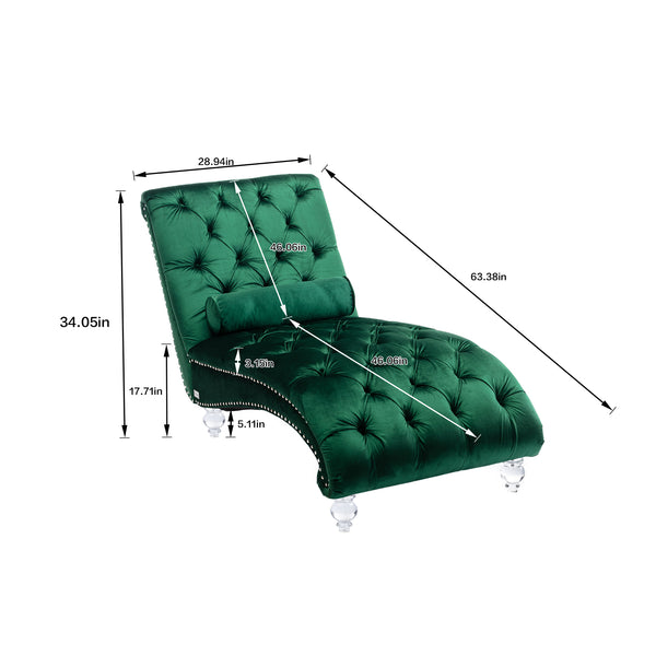 English Elm Velvet Curved Chaise Lounge Sofa with Button-Tufted Back, Thick Foam Comfort and Acrylic Legs for Living Room Relaxation Emerald W39538677