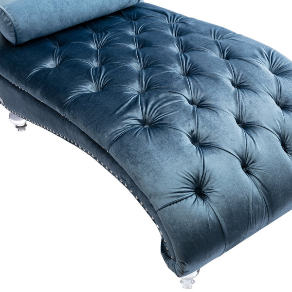 English Elm Velvet Curved Chaise Lounge Sofa with Button-Tufted Back, Thick Foam Cushion & Acrylic Legs for Living Room Comfort Light Blue W39538684