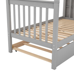 English Elm Twin Twin-over-Twin Bunk Bed with Trundle, Solid Wood Slat Support, Guardrail & Built-In Storage for Three Sleeps Gray SM000304AAE-1