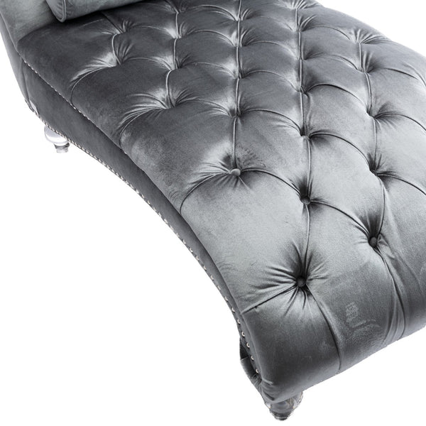 English Elm Velvet Curved Chaise Lounge Sofa with Button-Tufted Upholstery, Plush Foam Seat and Acrylic Legs Silver W39538683