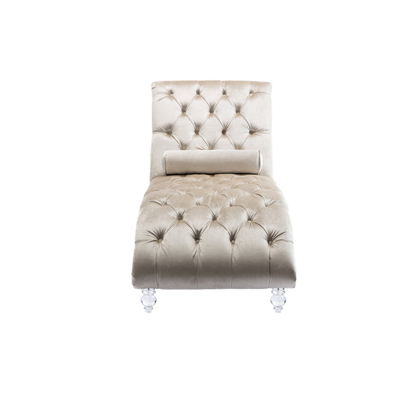 English Elm Velvet Curved Chaise Lounge Sofa with Button-Tufted Upholstery, Plush Foam Seat and Acrylic Legs Beige W39538682