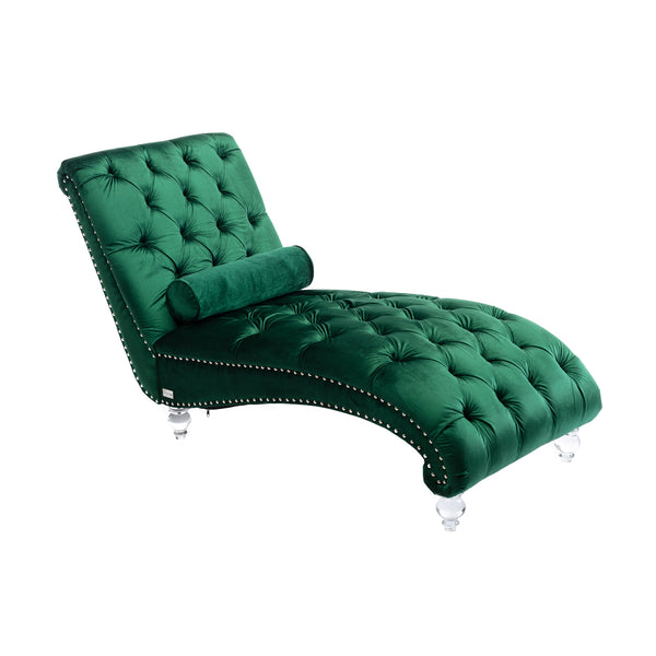 English Elm Velvet Curved Chaise Lounge Sofa with Button-Tufted Upholstery, Foam Seat, Acrylic Legs, Stylish Relaxation Emerald W39538677
