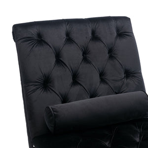 English Elm Velvet Curved Chaise Lounge Sofa with Button-Tufted Back, Thick Foam Cushion & Acrylic Legs for Living Room Comfort Black W39538681